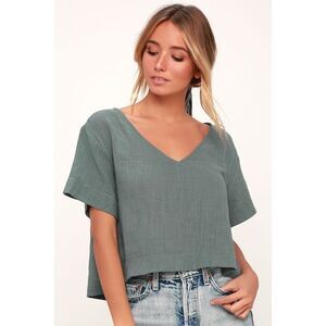 Lulus Signorina Grey Blue Short Sleeve Top - Size XL